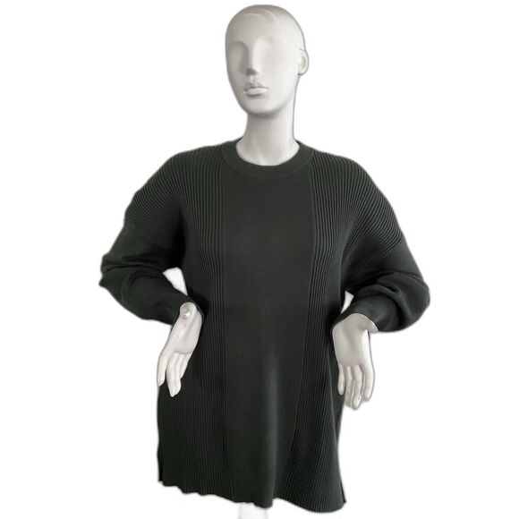 Beige Ribbed Fleet Top Pullover Sweater Long Sleeve Green 4 - Picture 1 of 11